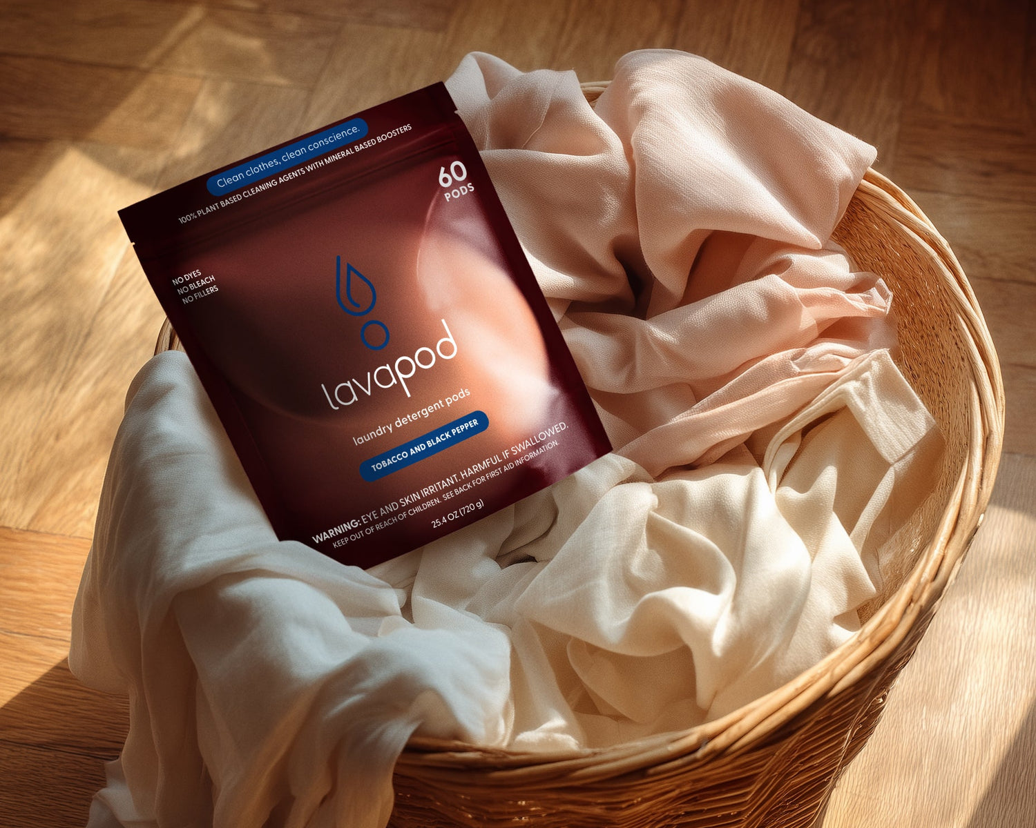 Lavapad package in a woven basket on a wooden floor